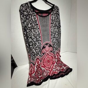 Style & Co Women’s Black & Red Patterned Long Sleeve Knit Stretchy dress Sz L